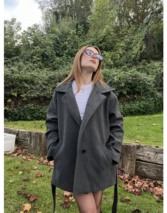 Gri Emma Kuşaklı Kaşe Kaban