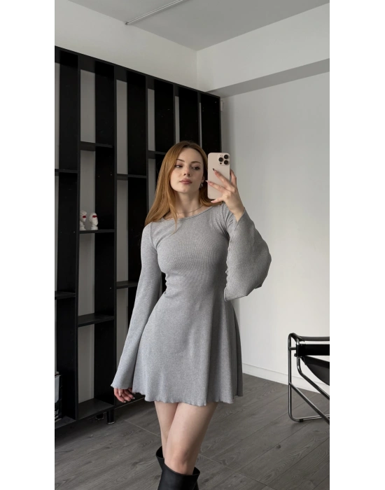 Gri Jiex Bağcık Sırtlı Volan Elbise