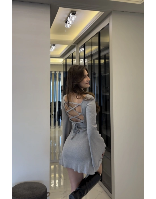 Gri Jiex Bağcık Sırtlı Volan Elbise