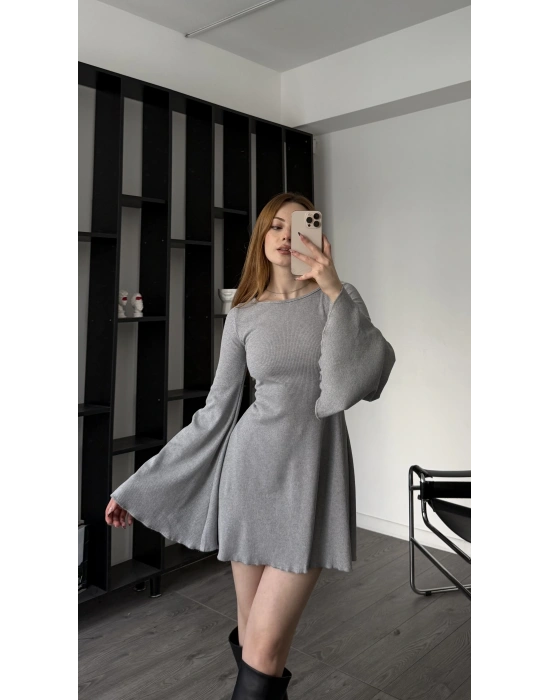 Gri Jiex Bağcık Sırtlı Volan Elbise