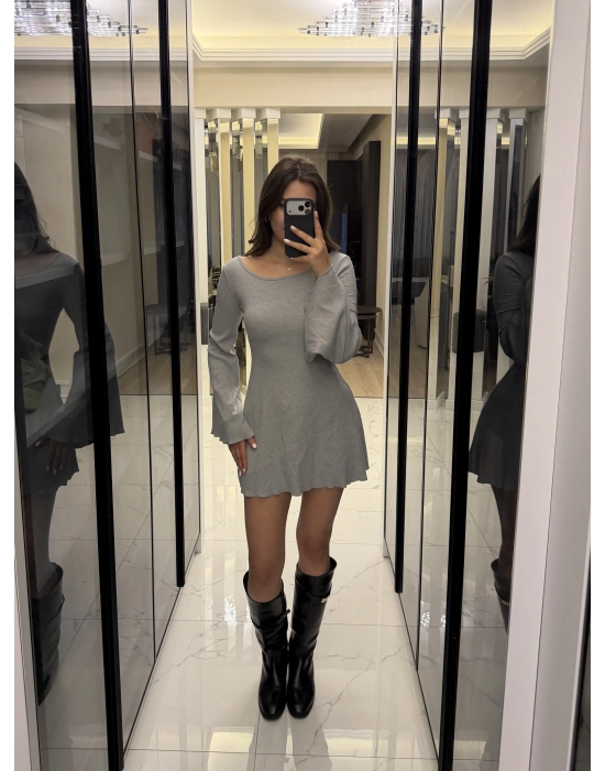 Gri Jiex Bağcık Sırtlı Volan Elbise