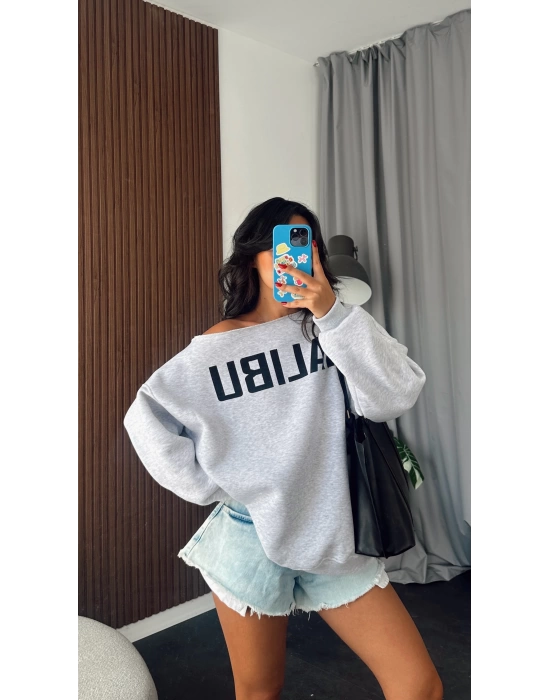 Gri Malibu Tek Omzu Düşük Oversize Sweatshirt