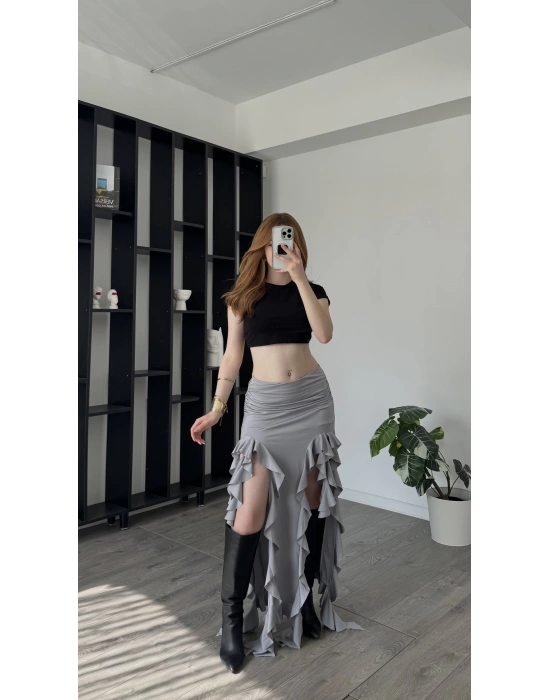 Gri Pinna Fırfır Yırtmaçlı Etek