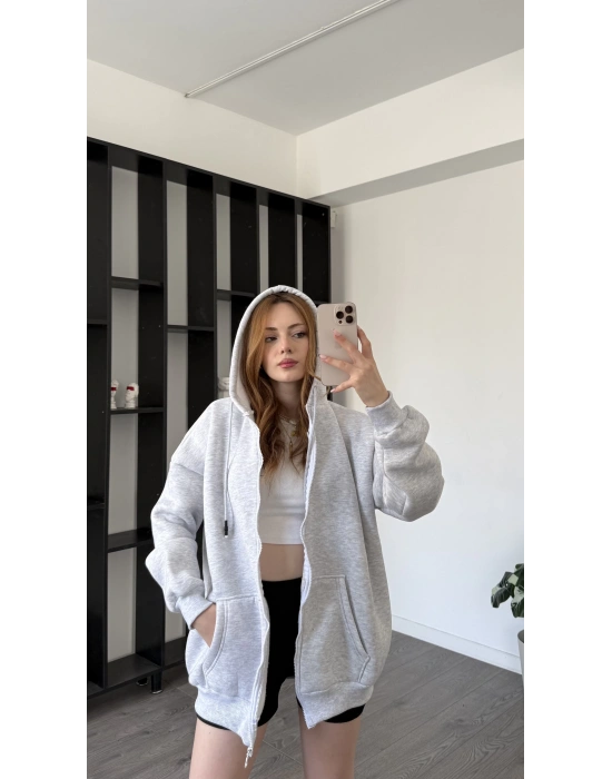 Gri Sane Kapüşonlu Oversize Hırka