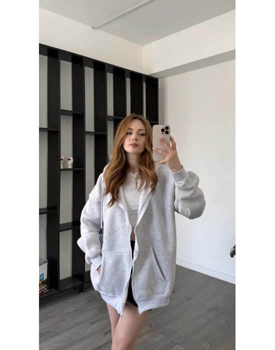Gri Sane Kapüşonlu Oversize Hırka