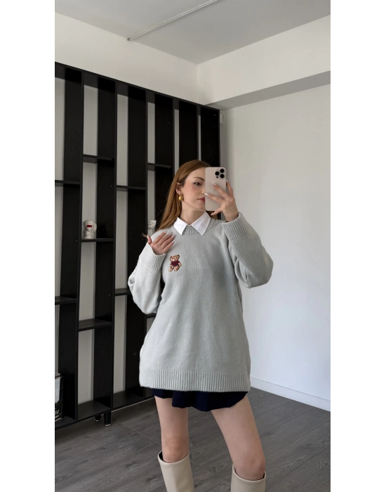 Gri Teddy Nakışlı Premium Kazak