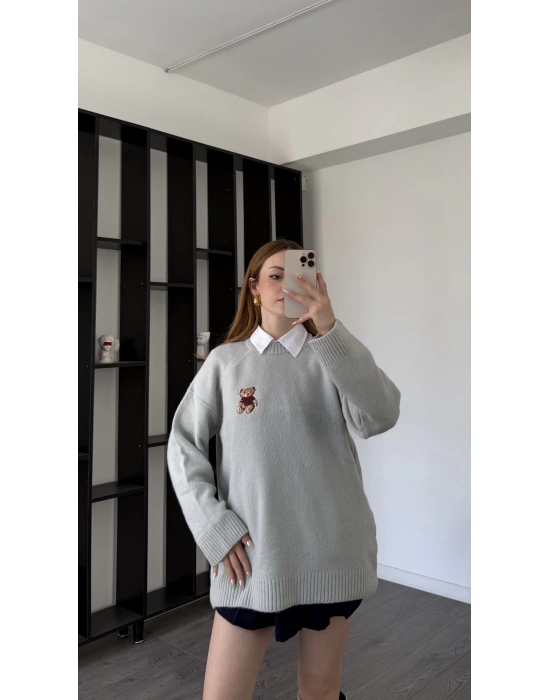 Gri Teddy Nakışlı Premium Kazak
