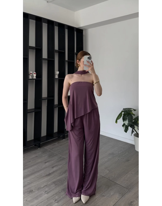 Gül Kurusu Lina Şal Detaylı Asimetrik Straplez Takım