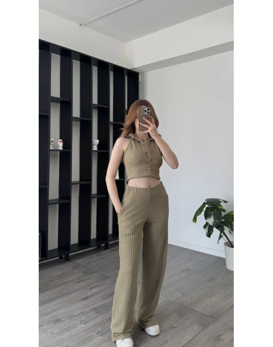 Haki Aida Düğmeli 2’li Takım