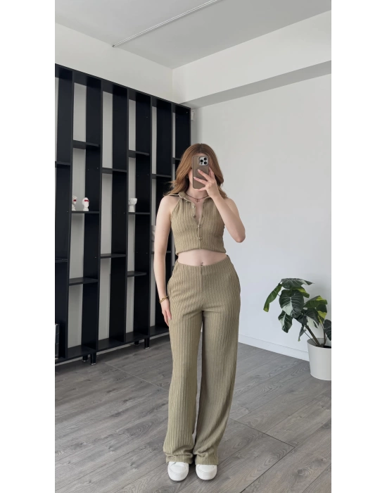 Haki Aida Düğmeli 2’li Takım