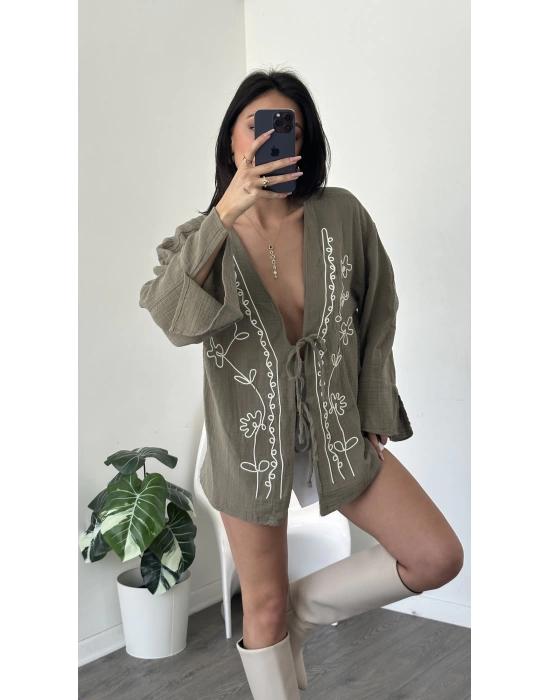 Haki Lisa Nakış İşlemeli Kimono