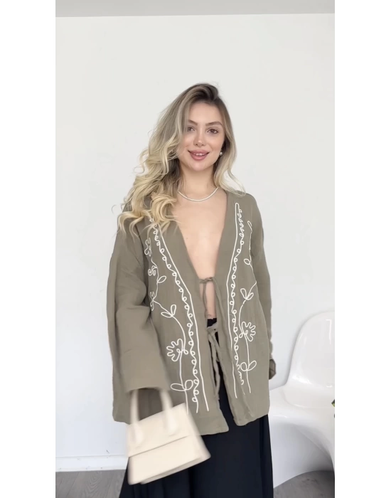 Haki Lisa Nakış İşlemeli Kimono
