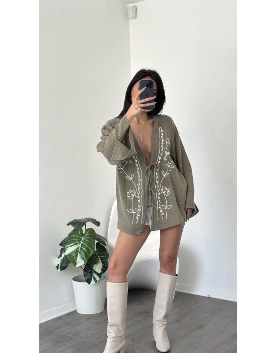 Haki Lisa Nakış İşlemeli Kimono
