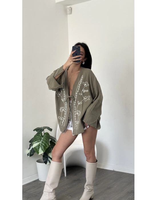 Haki Lisa Nakış İşlemeli Kimono