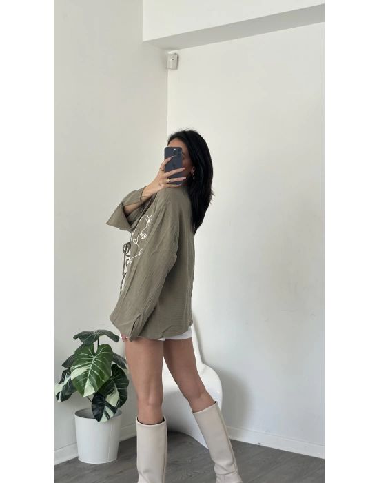 Haki Lisa Nakış İşlemeli Kimono