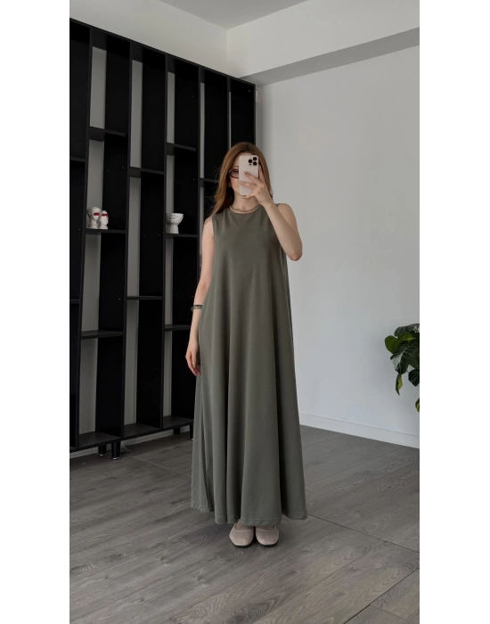 Haki Peja Dökümlü Modal Elbise