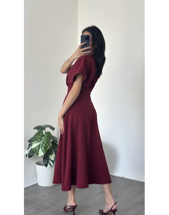 Helen Bordo Kemer Detaylı Elbise