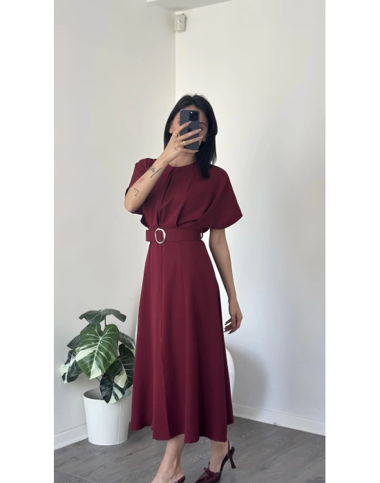 Helen Bordo Kemer Detaylı Elbise