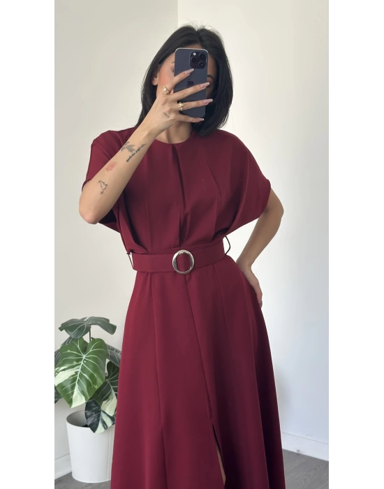 Helen Bordo Kemer Detaylı Elbise