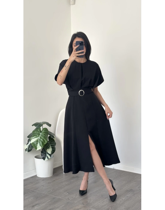 Helen Siyah Kemer Detaylı Elbise