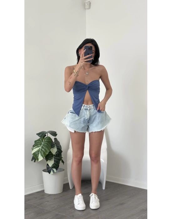 İndigo Elia Kelebek Straplez Bluz