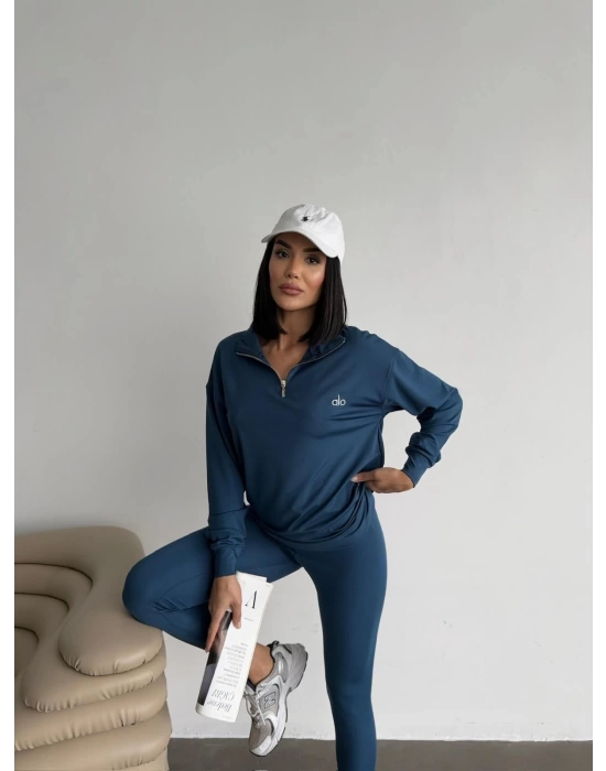 İndigo Fermuar Yakalı Sweat & Tayt Spor Marka Takım