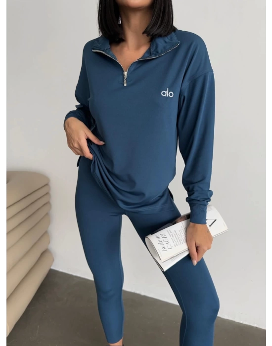 İndigo Fermuar Yakalı Sweat & Tayt Spor Marka Takım