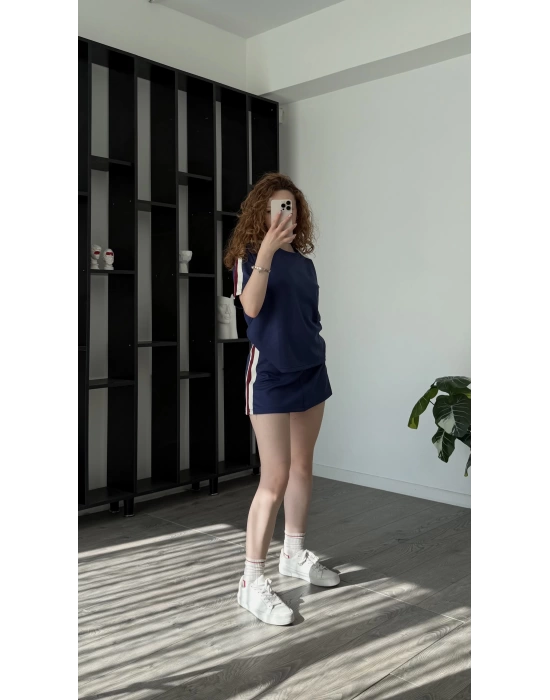 İndigo Raya Şeritli Şort Etekli Takım