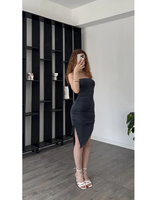 Jade Antrasit Büzgülü Yandan Yırtmaçlı Straplez Elbise