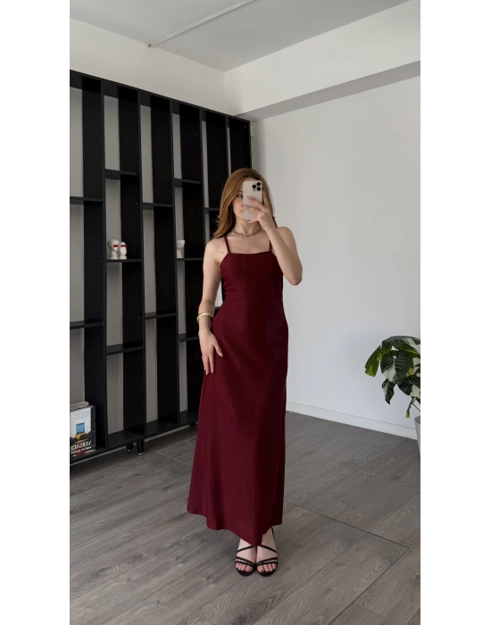 Janka Bordo Askılı Maxi Elbise