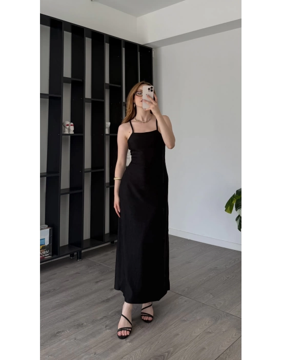 Janka Siyah Askılı Maxi Elbise