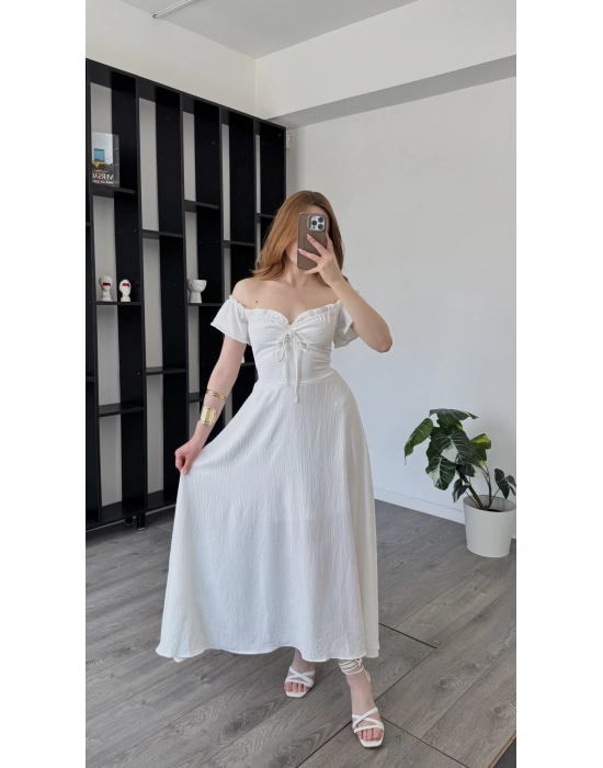 Jenny Beyaz Bağcık Yakalı A Kesim Elbise
