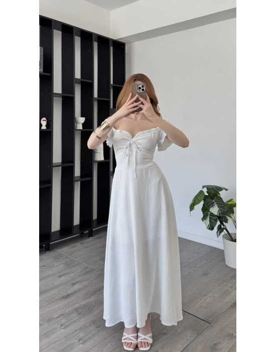 Jenny Beyaz Bağcık Yakalı A Kesim Elbise