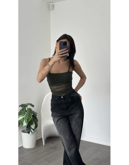 Jenny Haki Askılı Astarlı Tül Bluz