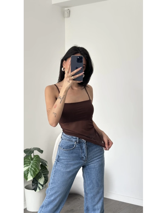 Jenny Kahve Askılı Astarlı Tül Bluz