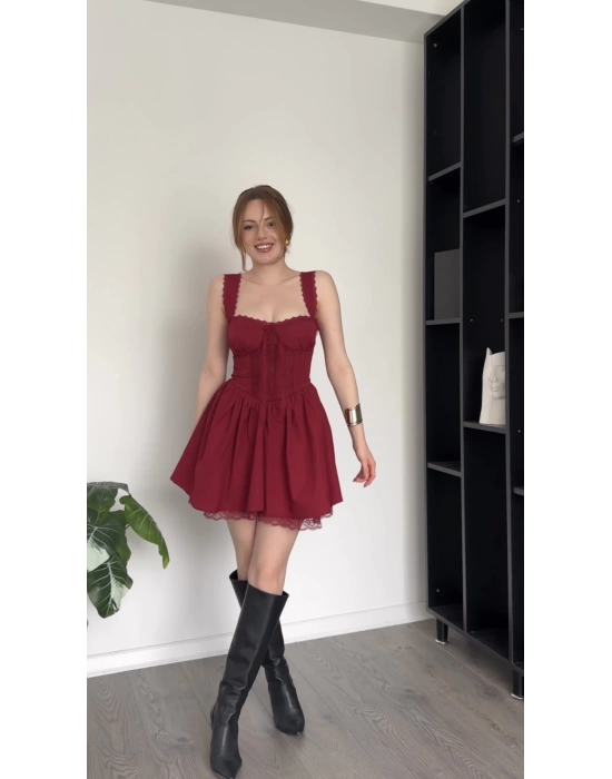 Julia Bordo Güpürlü Korse Elbise