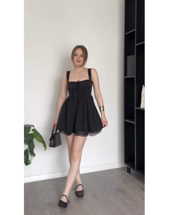 Julia Siyah Güpürlü Korse Elbise