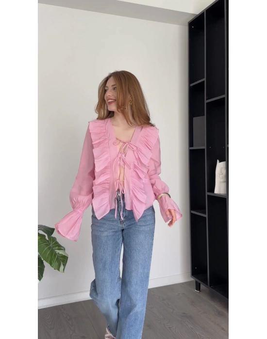 Julya Pembe Fırfırlı Premium Şifon Gömlek