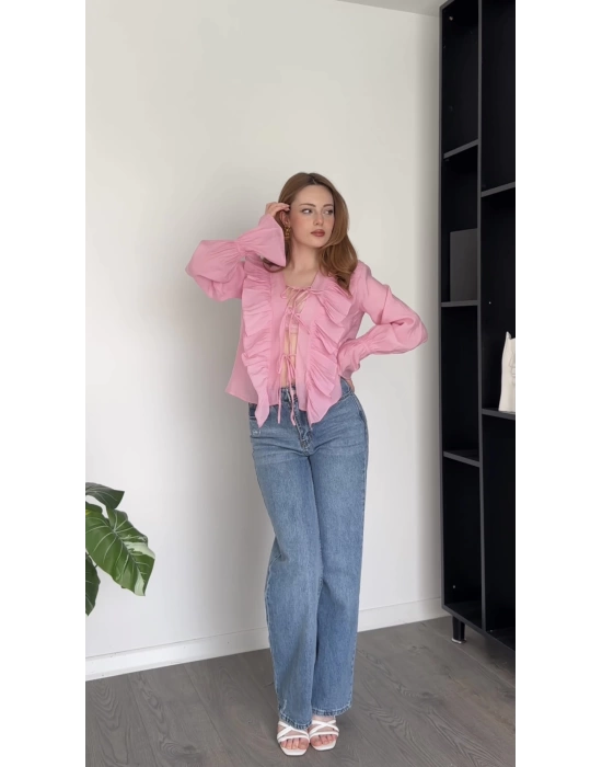 Julya Pembe Fırfırlı Premium Şifon Gömlek