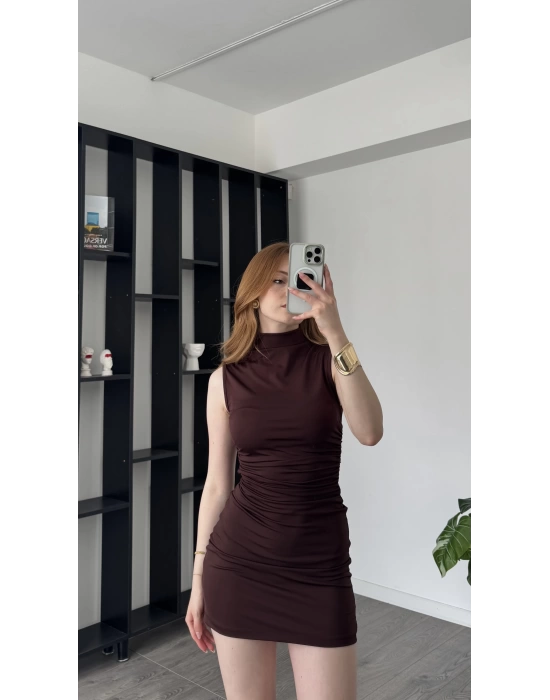 Kahve Alexa Balıkçı Yaka Yandan Büzgülü Elbise