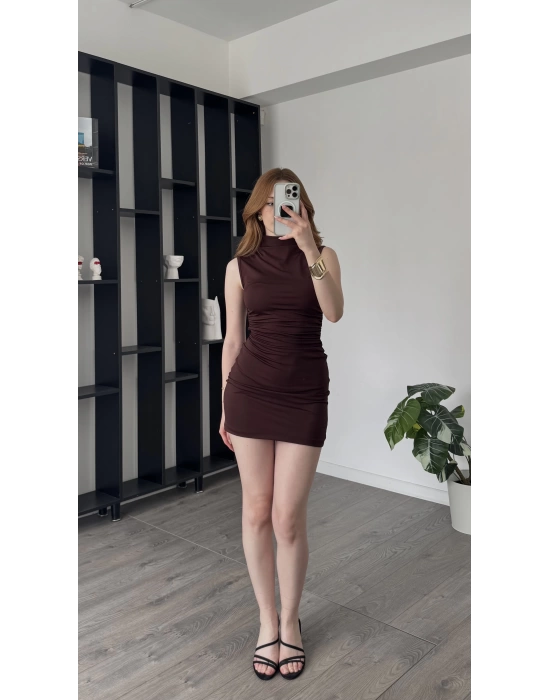 Kahve Alexa Balıkçı Yaka Yandan Büzgülü Elbise
