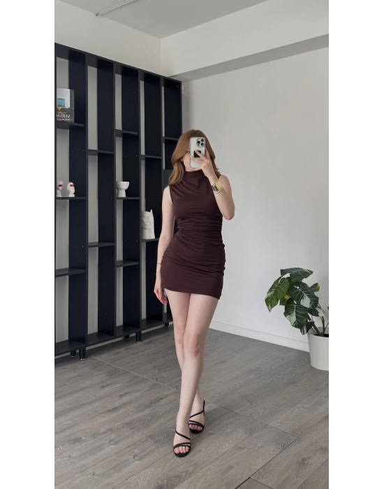 Kahve Alexa Balıkçı Yaka Yandan Büzgülü Elbise