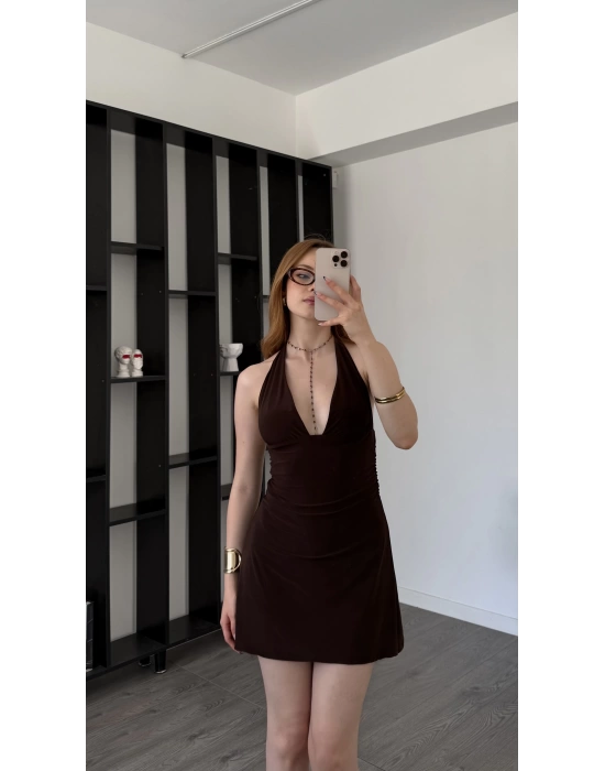 Kahve Amaris V Yakalı Boyundan Bağlamalı Elbise