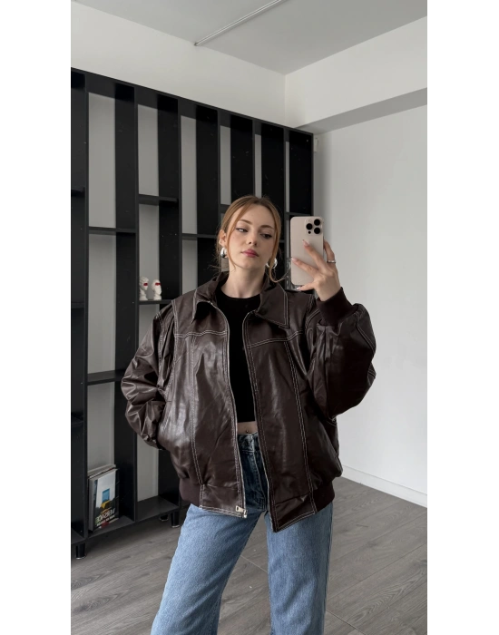 Kahve Amy Dikiş Detaylı Oversize Deri Ceket