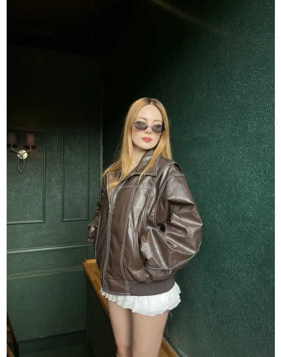 Kahve Amy Premium Dikiş Detaylı Deri Ceket