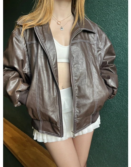 Kahve Amy Premium Dikiş Detaylı Deri Ceket