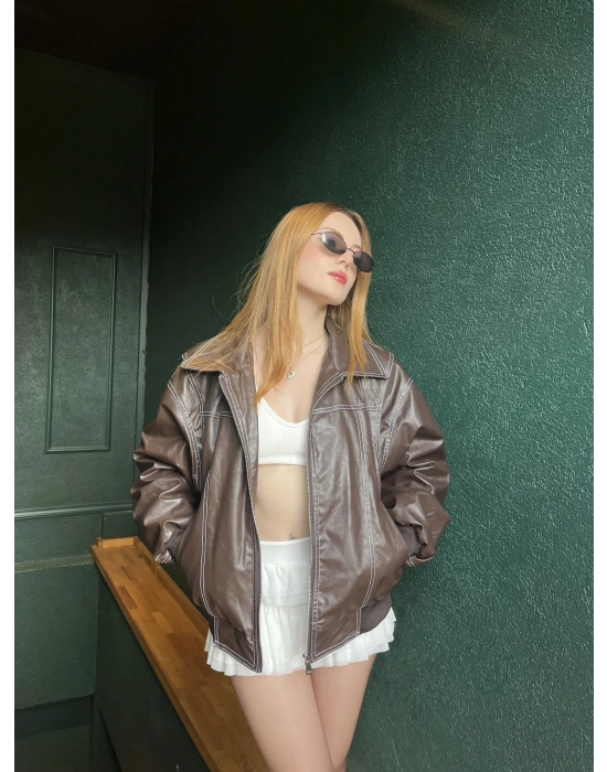 Kahve Amy Premium Dikiş Detaylı Deri Ceket