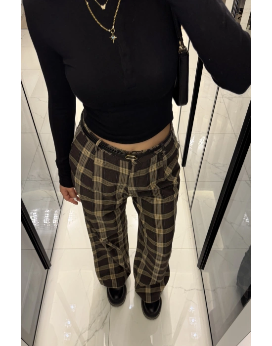 Kahve Aris Ekose Palazzo Pantolon