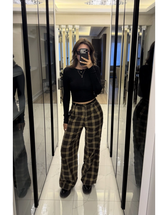 Kahve Aris Ekose Palazzo Pantolon