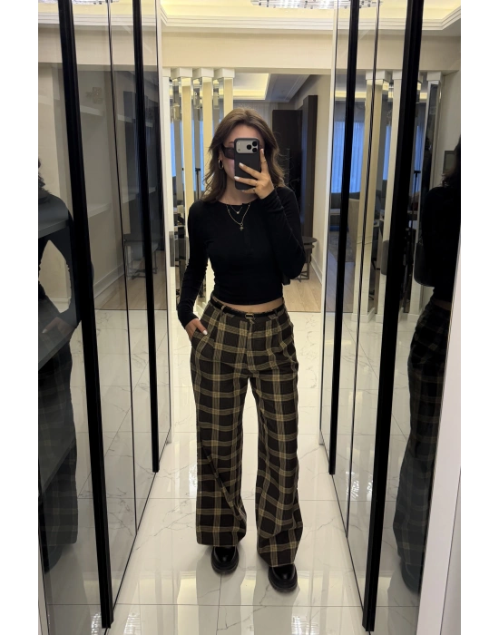 Kahve Aris Ekose Palazzo Pantolon